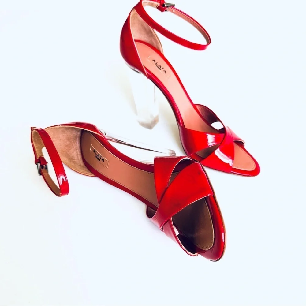 Alaia Red Patent Leather Luxury HTF Sandal w/ Clear-Block Heel Ankle-Strap 37.5 - Picture 10 of 16